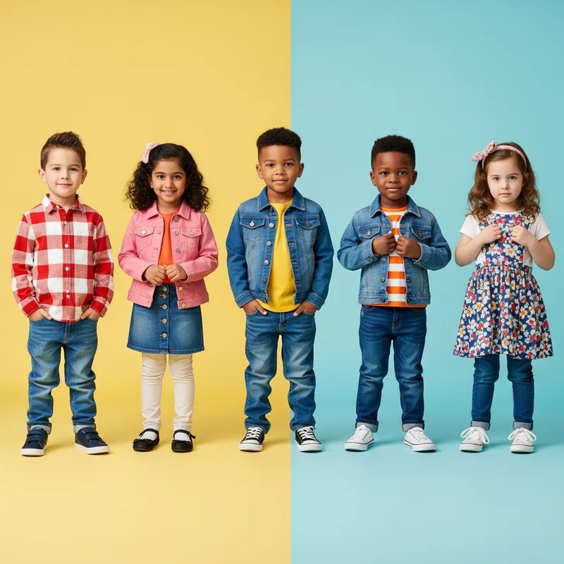 Children in colorful casual wear with denim and plaid styles